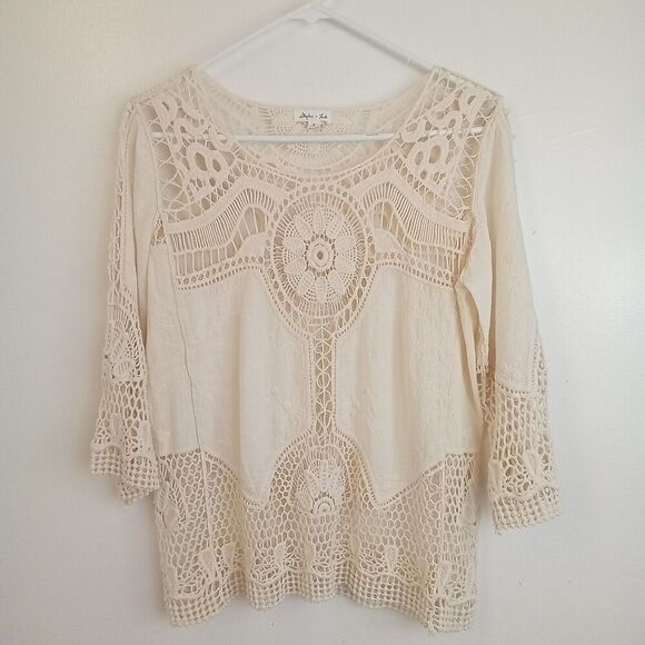 Skylar + Jade Tops - Skylar + Jade Bohemian Crochet Tunic Top Size S Ivory 3/4 Sleeve Boho Chic